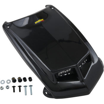 The ATV Hood Cover Black by Maier features a glossy, high-density polyethylene scoop with vent openings and logo, plus installation hardware. Its vacuum-formed bodywork ensures durability and fits OE color-matched models.