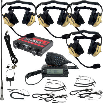 The Intercom Radio and Headset Kit 4 Seat Beige by Navatlas includes four beige and black headsets, a radio control box, handheld mic, antenna, cables, and electronic accessories displayed on a white background.