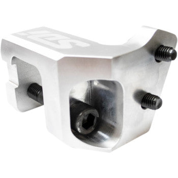 A close-up of the Polaris RZR Transmission Mount by Sdi in silver, featuring bolts inserted, an angular design, smooth finish, and robust hardware for enhanced durability.