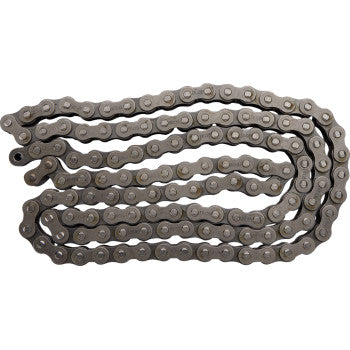 The 428 Standard Non Sealed Chain with 126 links by Ek, featuring visible solid rollers, is displayed in a loose, wavy pattern on a plain white background.