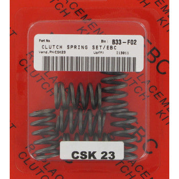 A package labeled Clutch Springs by Ebc contains multiple EBC springs, shown on a red background with black text. These stiffer-than-stock springs improve clutch performance. Part number CSK 23 is visible on the packaging.