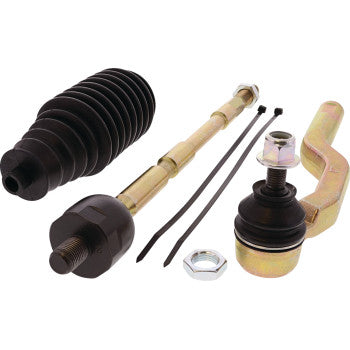 The Tie Rod End Kit Left Hand by Moose Offroad includes OEM replacement tie-rod ends, a ball joint, rubber boot, metal lever, zip ties, and nuts—heavy-duty steering and suspension parts displayed on a white background.