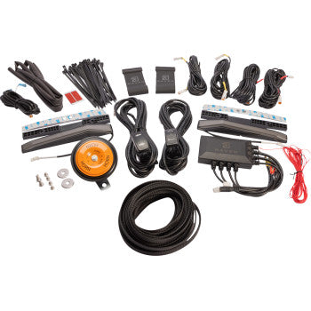 Complete Kawasaki Mule turn signal kit with white running lights, including wiring, connectors, orange signal light, and.