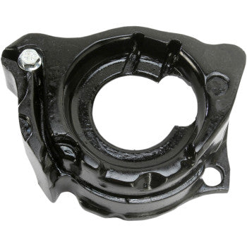 The Poly Case Saver Yamaha Raptor by Moose Offroad is a black, circular, metal USA-made car part with a central hole, raised edges, ridges, two mounting holes (one with a bolt), and a glossy machined premium finish.