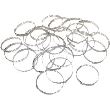 Silver metal CV boot clamps with ridged bands and adjustable locking mechanisms, arranged scattered.