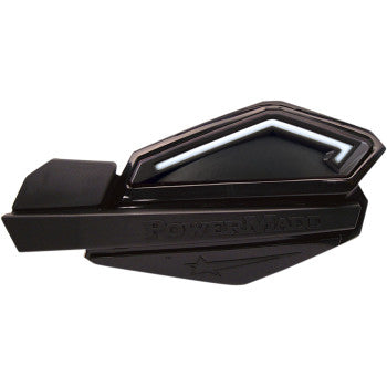 A black, angular plastic Turn Signal Kit Star Series by Powermadd features a raised geometric design and embossed branding—crafted with precision similar to a super bright LED on Harley Davidson motorcycles.