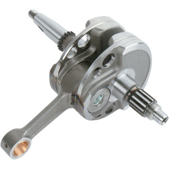Polished metal crankshaft assembly with connecting rod, bearing, and gear teeth for offroad engine upgrade.