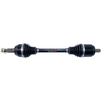 The Polaris RZR Scrambler/Sportsman Axle Complete Heavy Duty Front Left & Right by Demon features black chromoly steel, CNC-machined construction, ribbed rubber boots, and metal joints at both ends. Displayed on a white background.