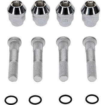 The Suzuki KingQuad Wheel Stud Nut Kit Rear Right by Moose Offroad includes five chrome nuts, four silver studs, and four black rubber O-rings arranged in rows on a white background.
