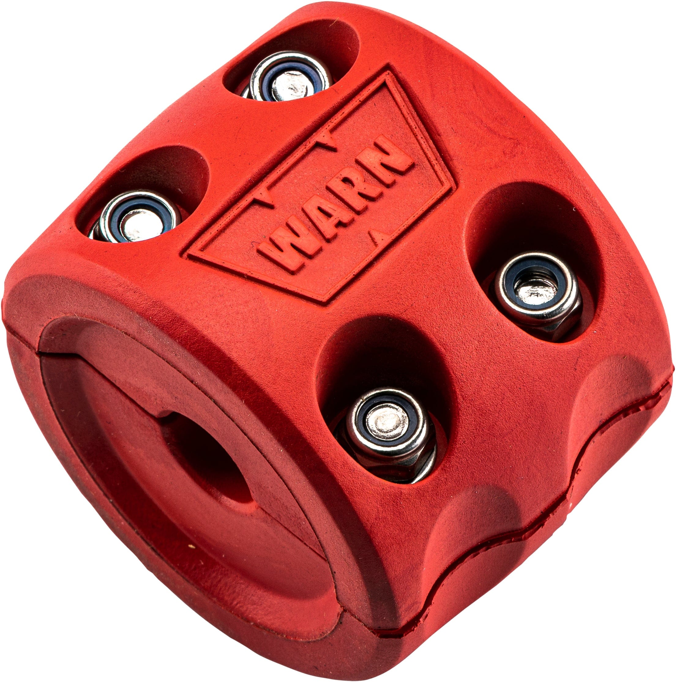The Winch Hook Bump Stop Red by Warn is a red, cube-shaped plastic guide with four metal rollers and the WARN logo on top, designed to guide cable on winches.
