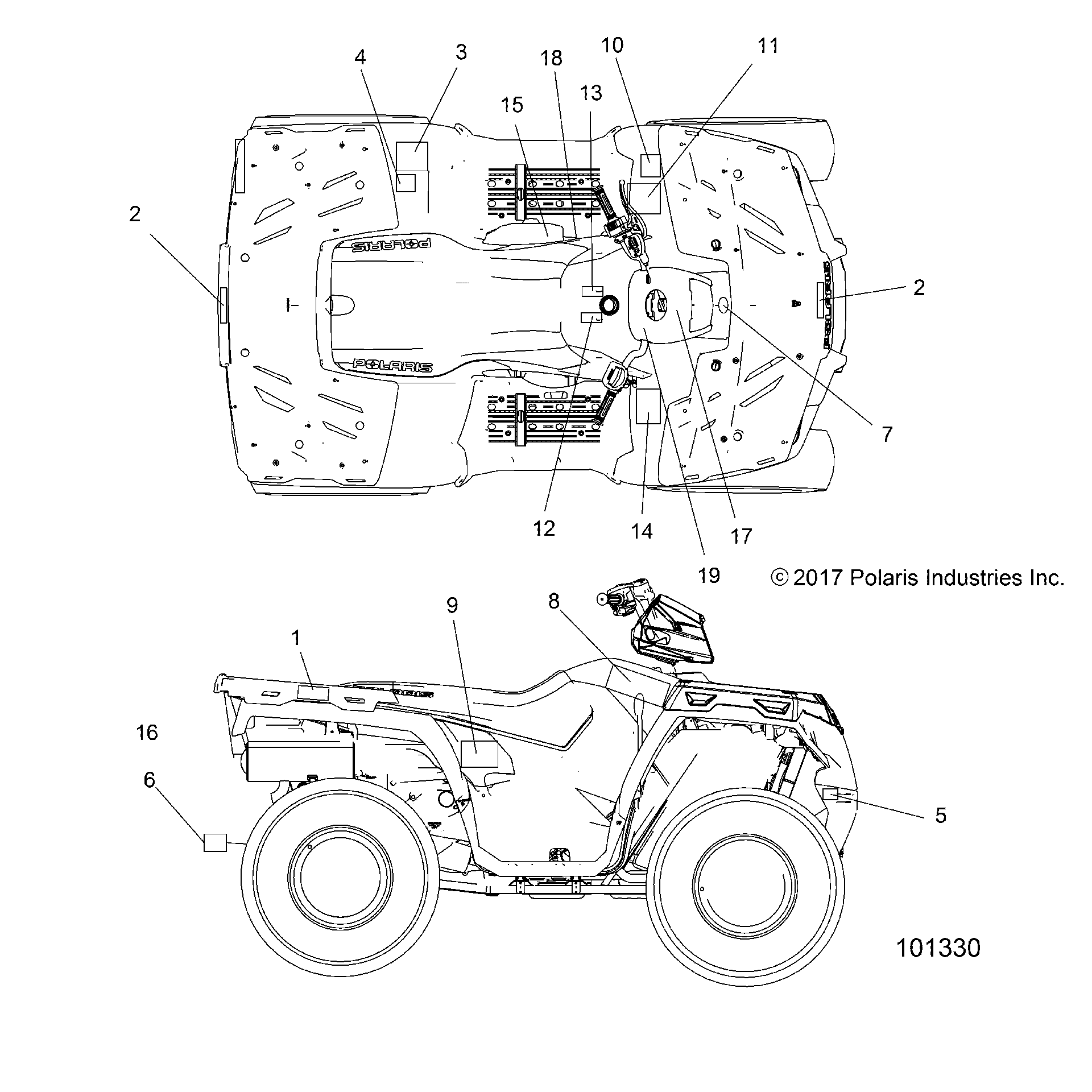 An Image of a Genuine Polaris Parts Schematic Diagram showing the schematic - BODY: USA DECALS - 2018 POLARIS SPORTSMAN 570 EFI