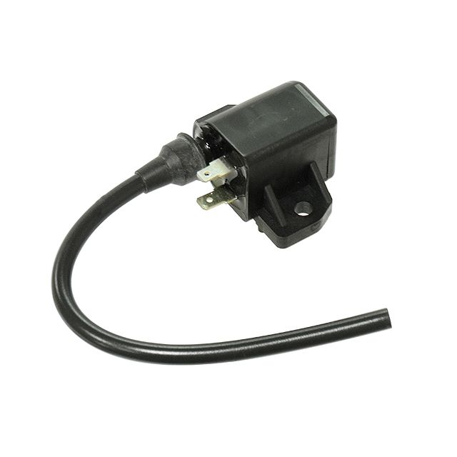 The Suzuki UTV/ATV Ignition Coil by Bronco, featuring a black body, attached spark plug wire, and two metal terminals, is displayed on a white background. Ideal for small engines or motorcycles.