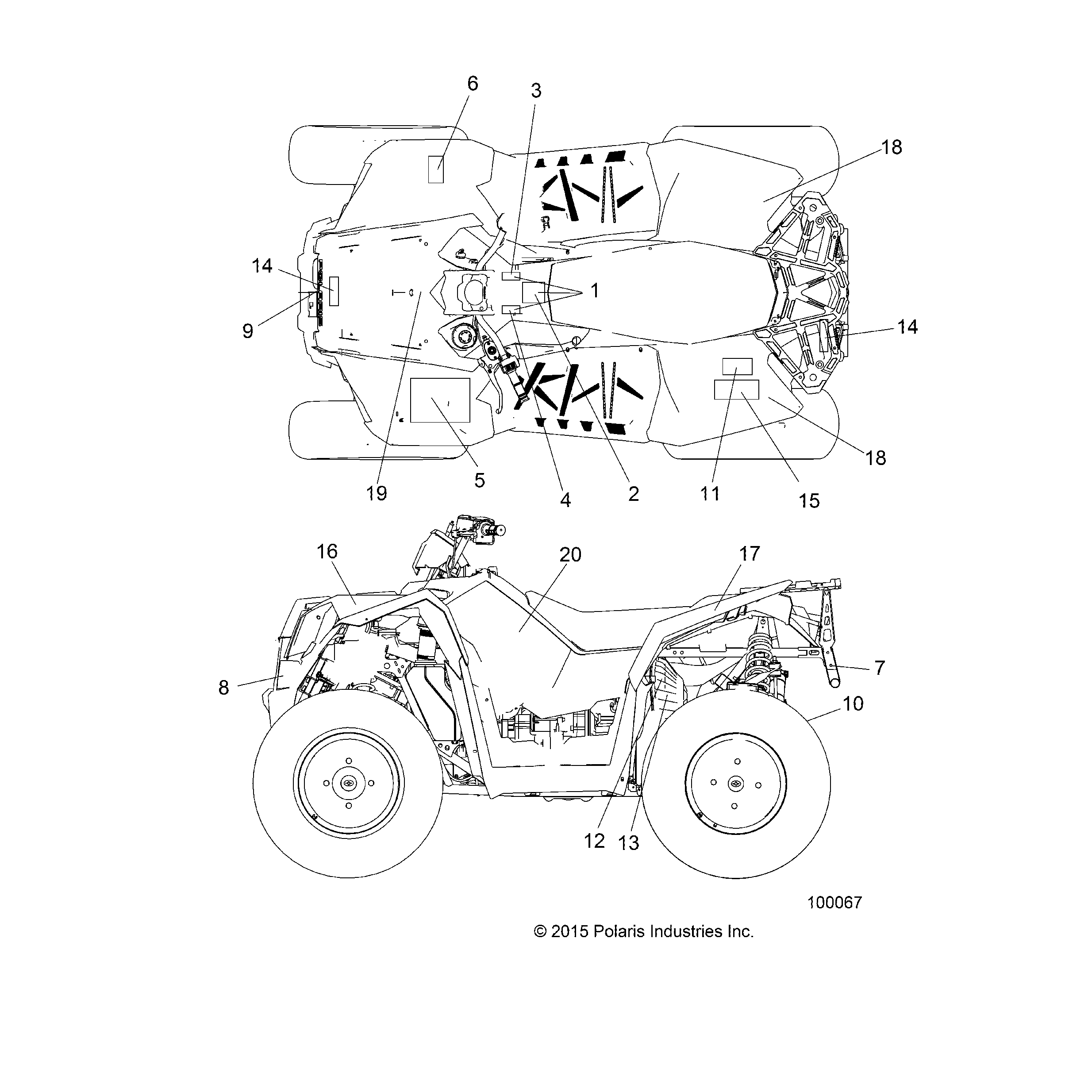 An Image of a Genuine Polaris Parts Schematic Diagram showing the schematic - BODY: DECALS - 2016 POLARIS SCRAMBLER 850