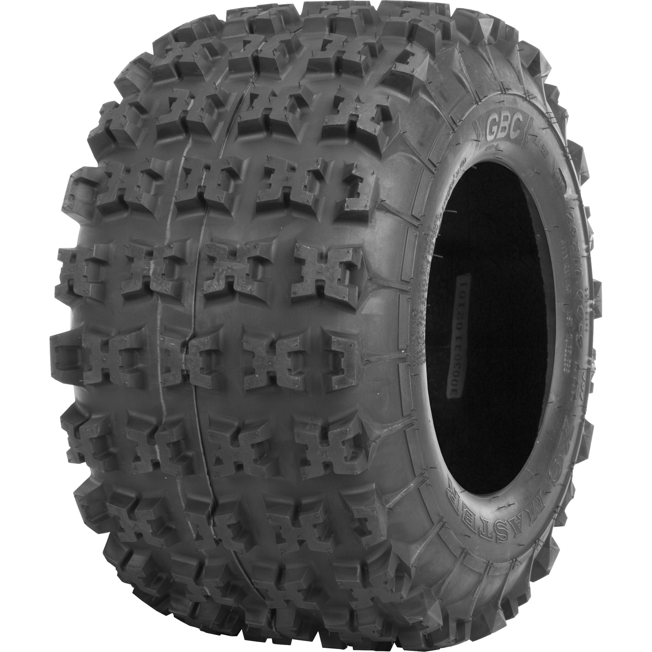 The GBC Tire Xc Master Rear 22X11-10 Bias LR386Lbs features a large, deep, aggressive X-knob tread for enhanced traction. Shown angled to highlight the tread and sidewall with brand and model details.