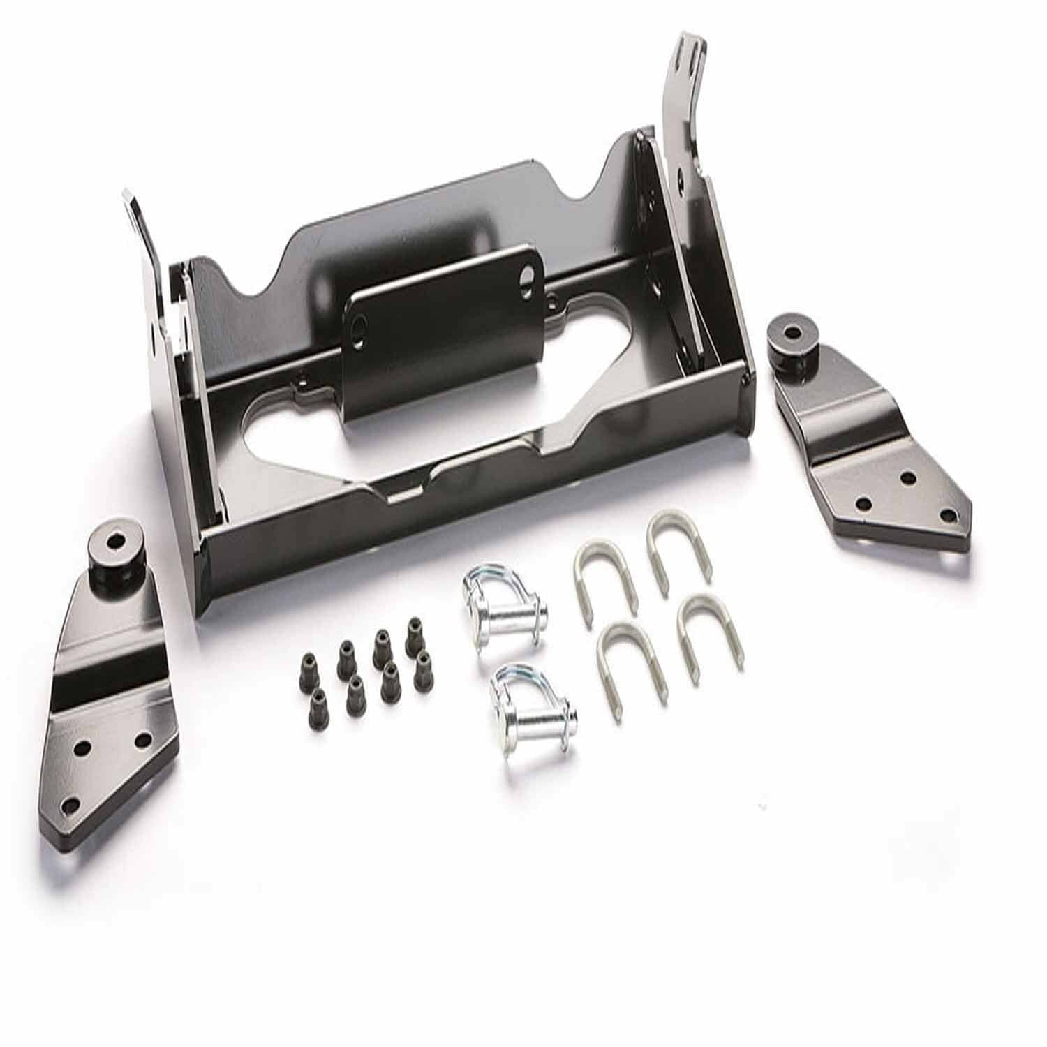 Yamaha Kodiak 450 Provantage Front Snow Plow Mounting Kit by Warn includes a black metal winch mounting plate, side brackets, U-bolts, nuts, and all hardware. Corrosion-resistant and shown on a white background.
