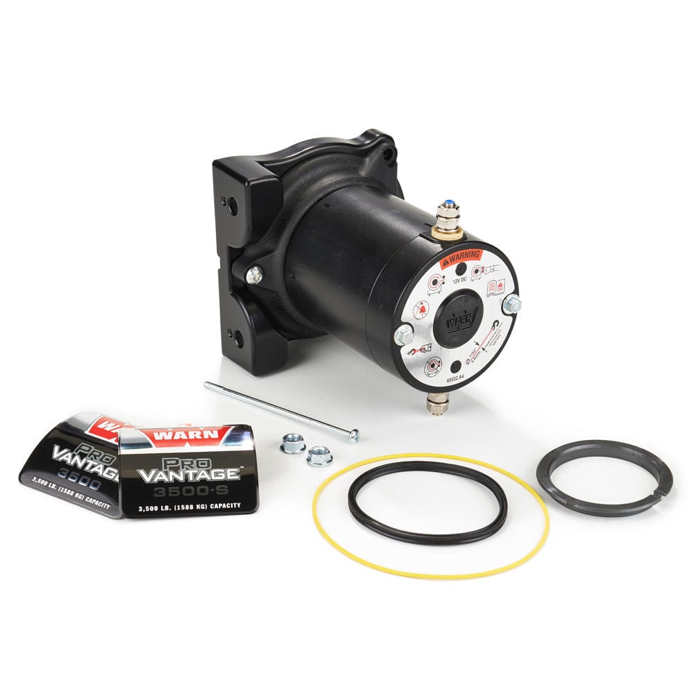 Provantage 3500 Winch Replacement Motor By Warn shown with attached mounting bracket, loose screws, washers, two rubber gaskets, a metal pin, and two ProVantage 3500-S decals displayed on a white surface.