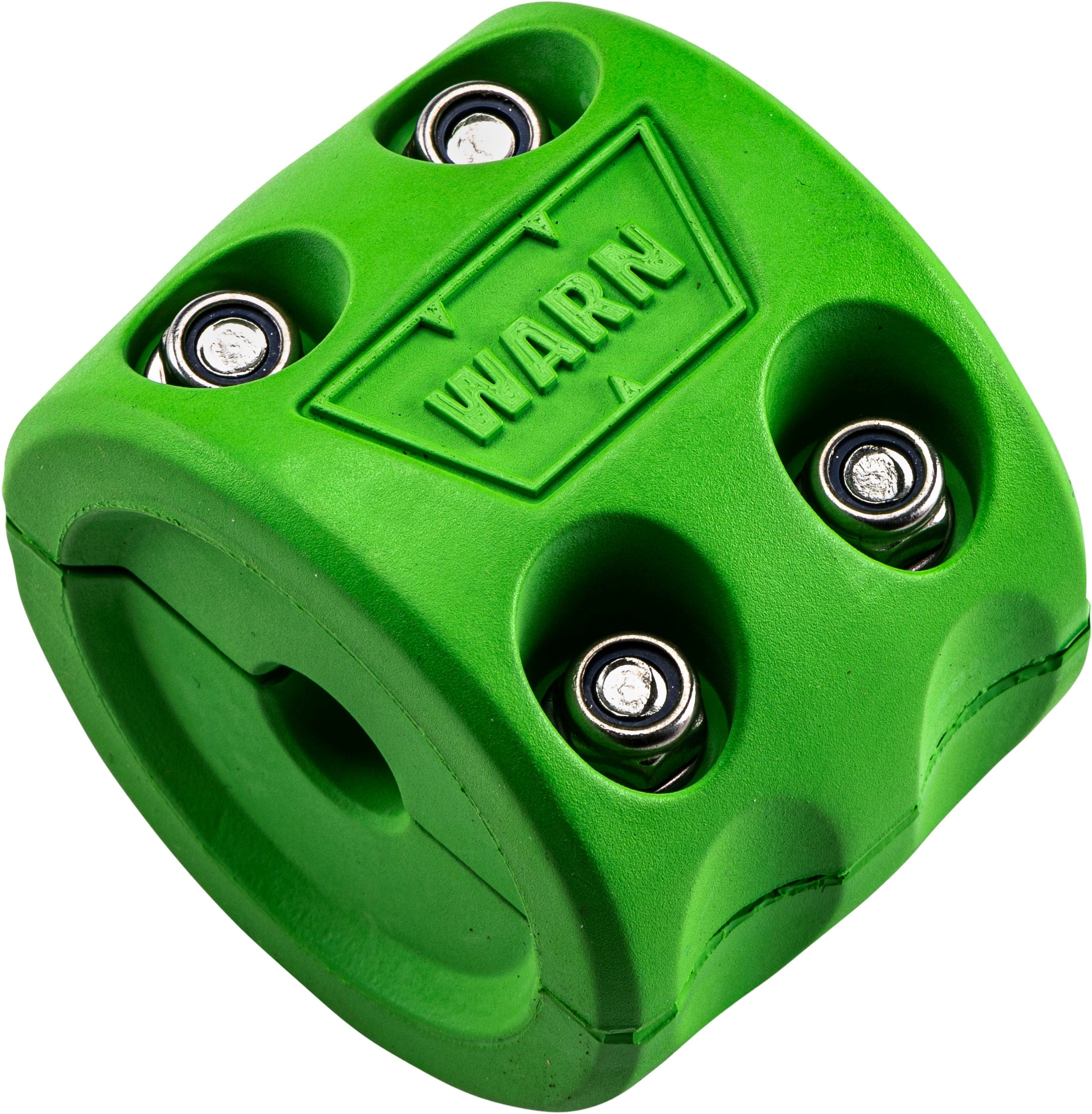The Winch Hook Bump Stop Green By Warn is a cube-shaped, green WARN accessory with four visible bolts, rounded edges, recessed bolt holes, and a central opening—designed for off-road vehicle recovery.