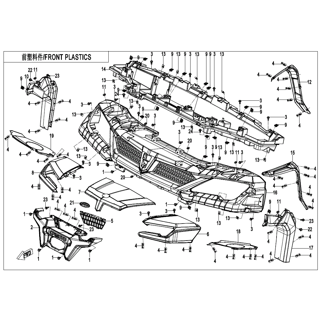 An Image of a Genuine CFMOTO Parts Schematic Diagram showing the schematic - FRONT PLASTICS - 2024 CFMOTO UFORCE 1000 XL