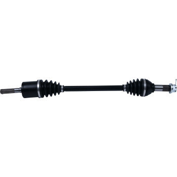 The Can-Am Maverick / Commander Axle Kit Complete 8 Ball Extreme Duty Front Left & Right by All Balls is a black cylindrical automotive drive shaft with metal ends and rubber accordion boots, featuring precision ball bearings. Shown on a white background.