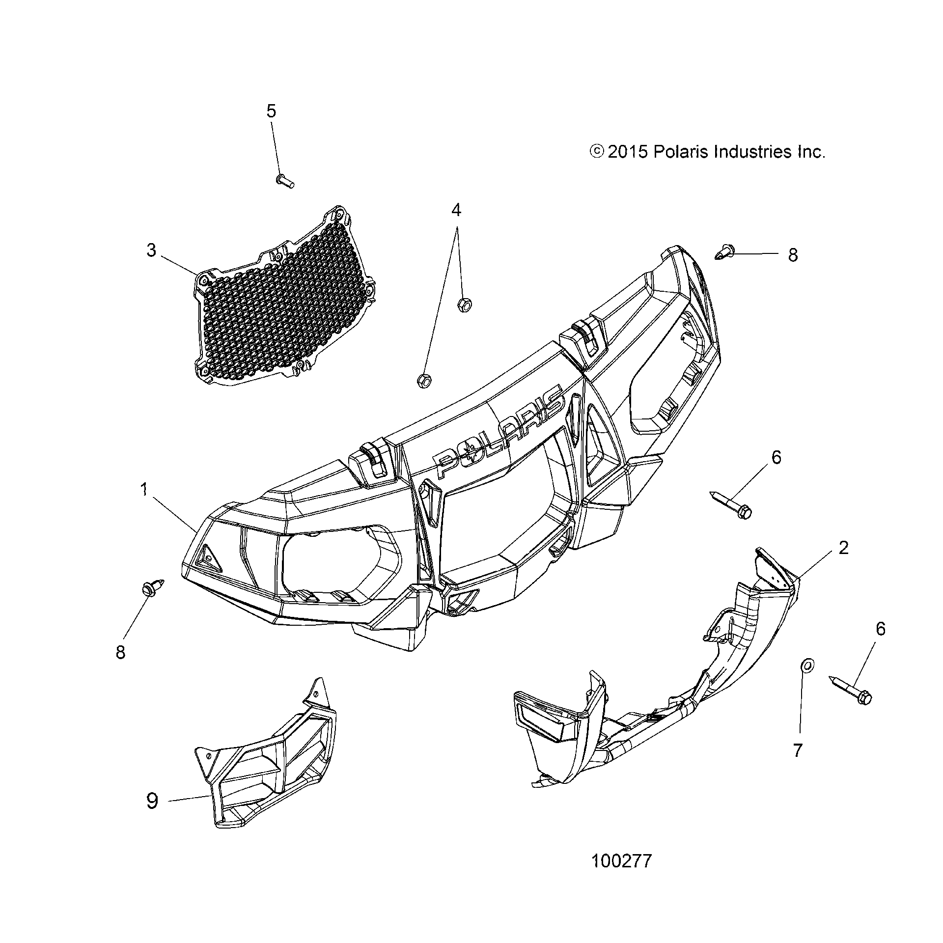 An Image of a Genuine Polaris Parts Schematic Diagram showing the schematic - BODY: FRONT BUMPER and MOUNTING - 2016 POLARIS SPORTSMAN TOURING 1000