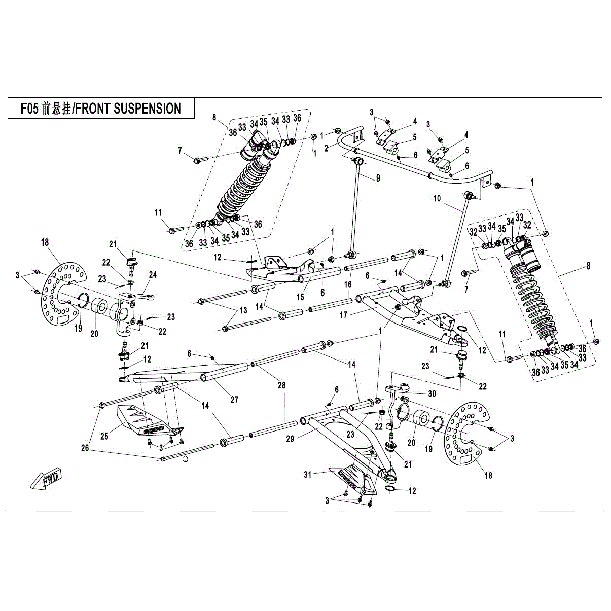 An Image of a Genuine CFMOTO Parts Schematic Diagram showing the schematic - FRONT SUSPENSION - 2017 CFMOTO ZFORCE 800 EX