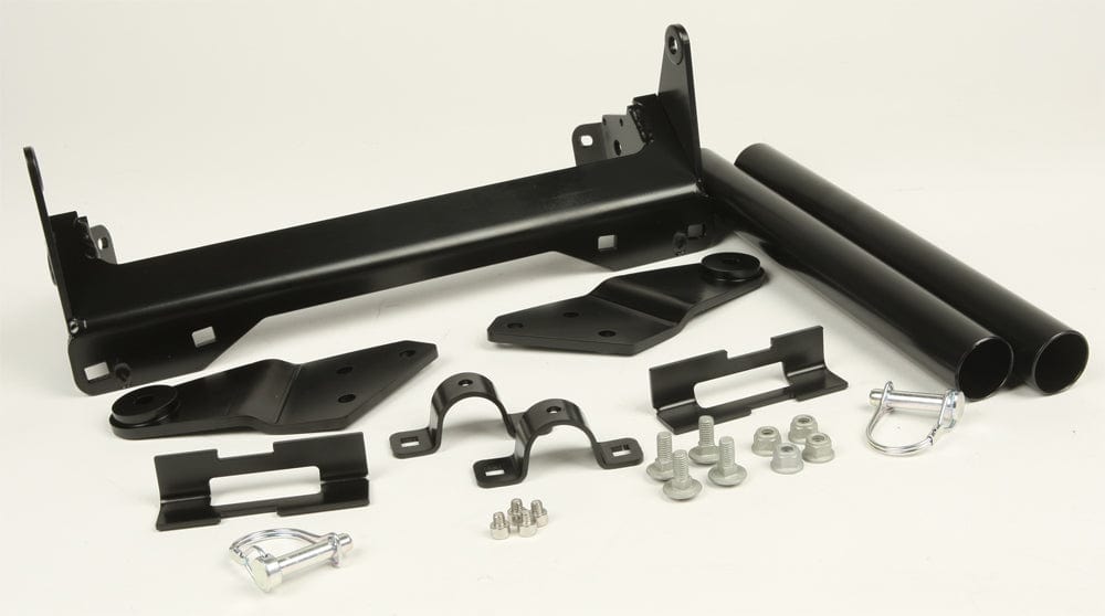 A Honda Pioneer 500 (2015-2020) ATV Provantage Front Snow Plow Mounting Kit by Warn, featuring black, powder-coated metal brackets, tubes, bolts, nuts, and pins—corrosion-resistant parts for snow plow assembly—displayed on a white background.