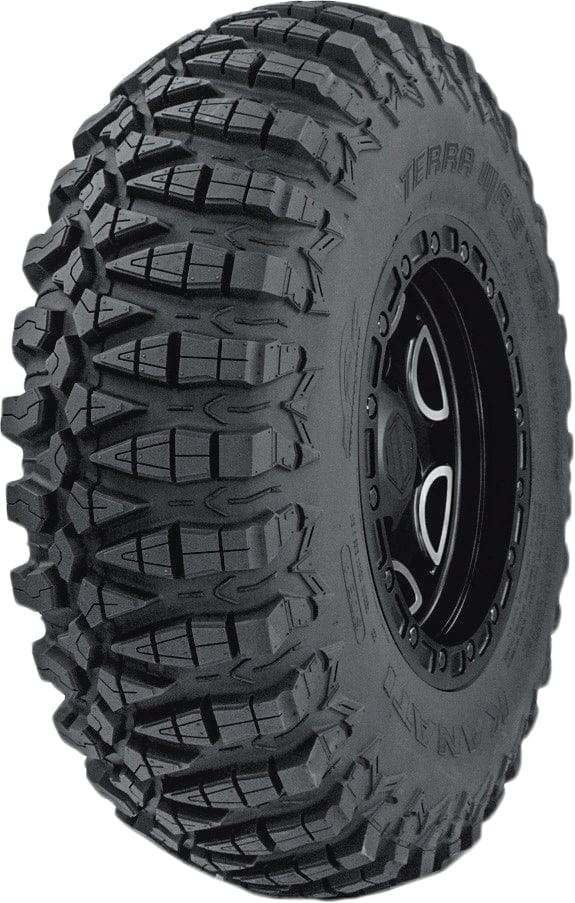 The Tire Terra Master AT35X10R15 by GBC features deep, aggressive asymmetrical treads, black sidewalls, and a black metal rim, engineered for superior traction and durability on rugged off-road terrain.