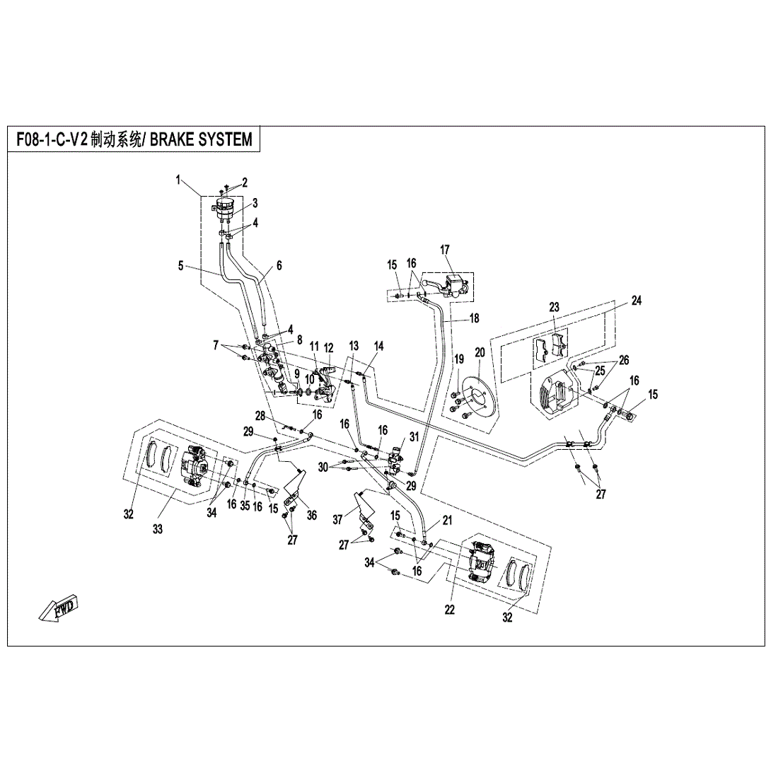 An Image of a genuine CFMOTO Parts Schematic Diagram showing the group - BRAKE SYSTEM (SINGLE HOSE FRONT CALIPER) - 2018 CFMOTO CFORCE 400