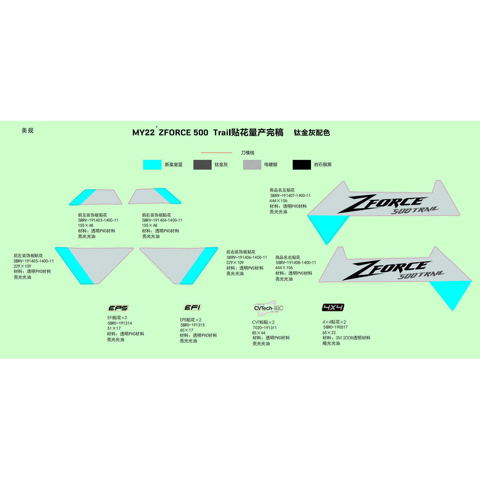 An Image of a Genuine CFMOTO Parts Schematic Diagram showing the schematic - DECAL (TITANIUM GRAY) - 2022 CFMOTO ZFORCE 500