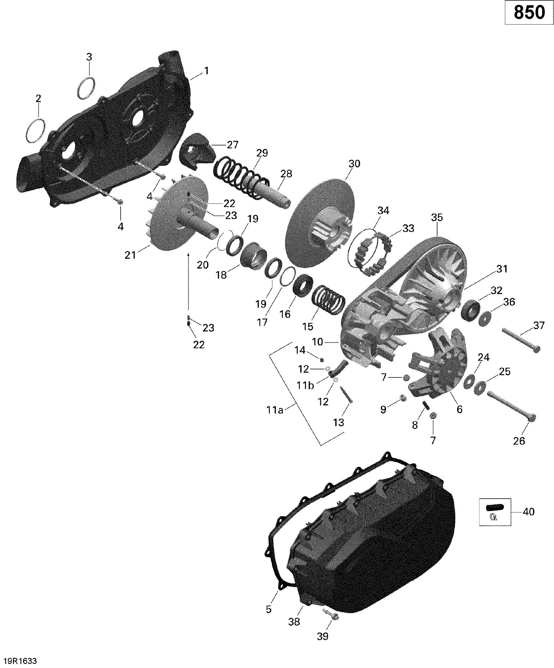 An Image of a Genuine Can-Am Parts Schematic Diagram showing the schematic - TRANSMISSION - 850 EFI (OUTLANDER)
