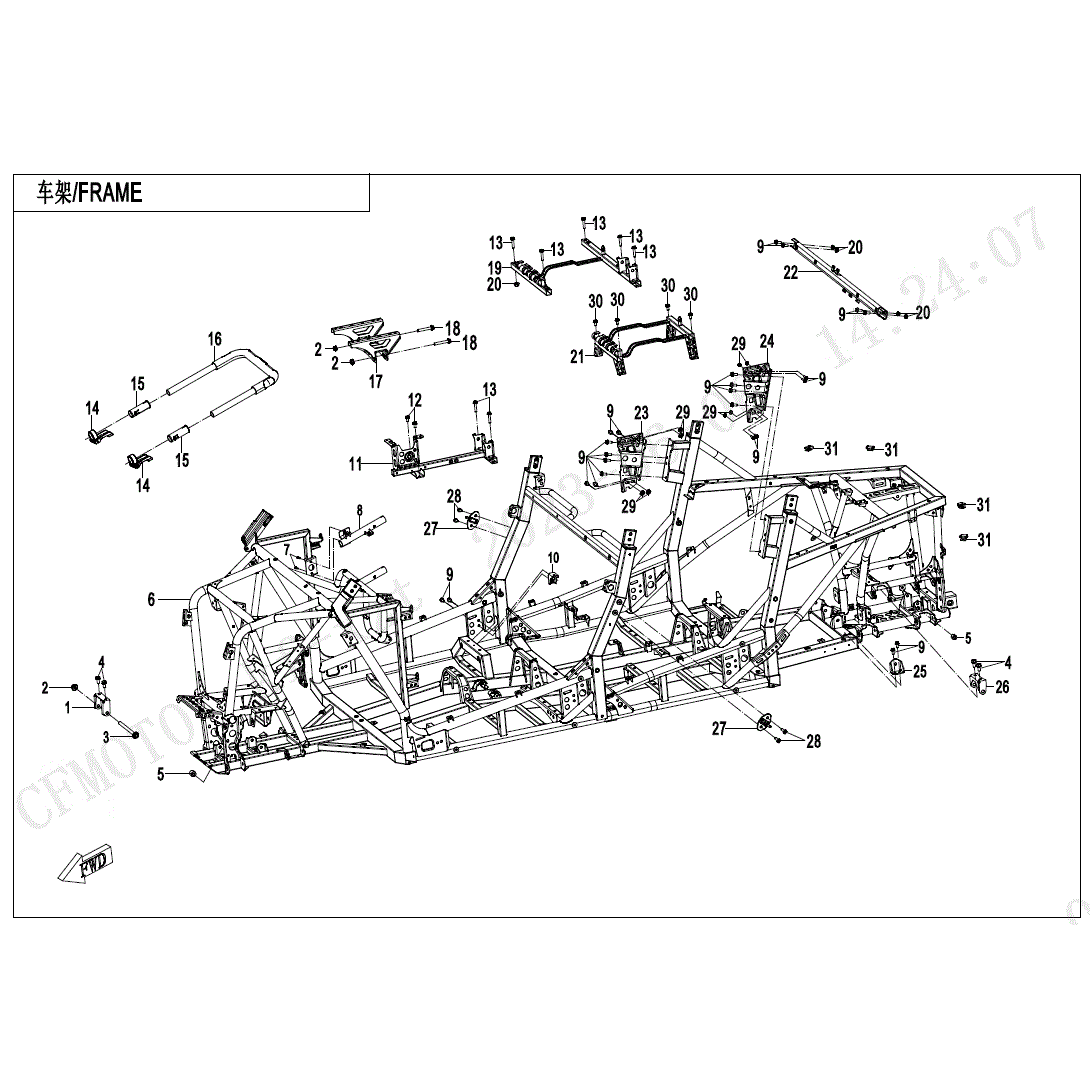 An Image of a Genuine CFMOTO Parts Schematic Diagram showing the schematic - FRAME - 2024 CFMOTO ZFORCE 950