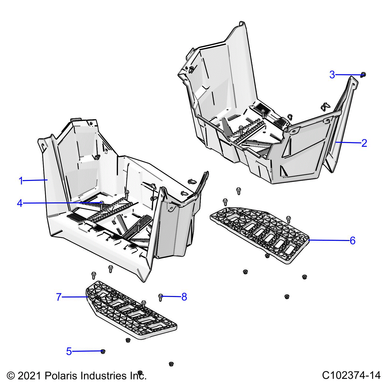 An Image of a Genuine Polaris Parts Schematic Diagram showing the schematic - BODY: FOOTWELLS - 2022 POLARIS SCRAMBLER 850 48"