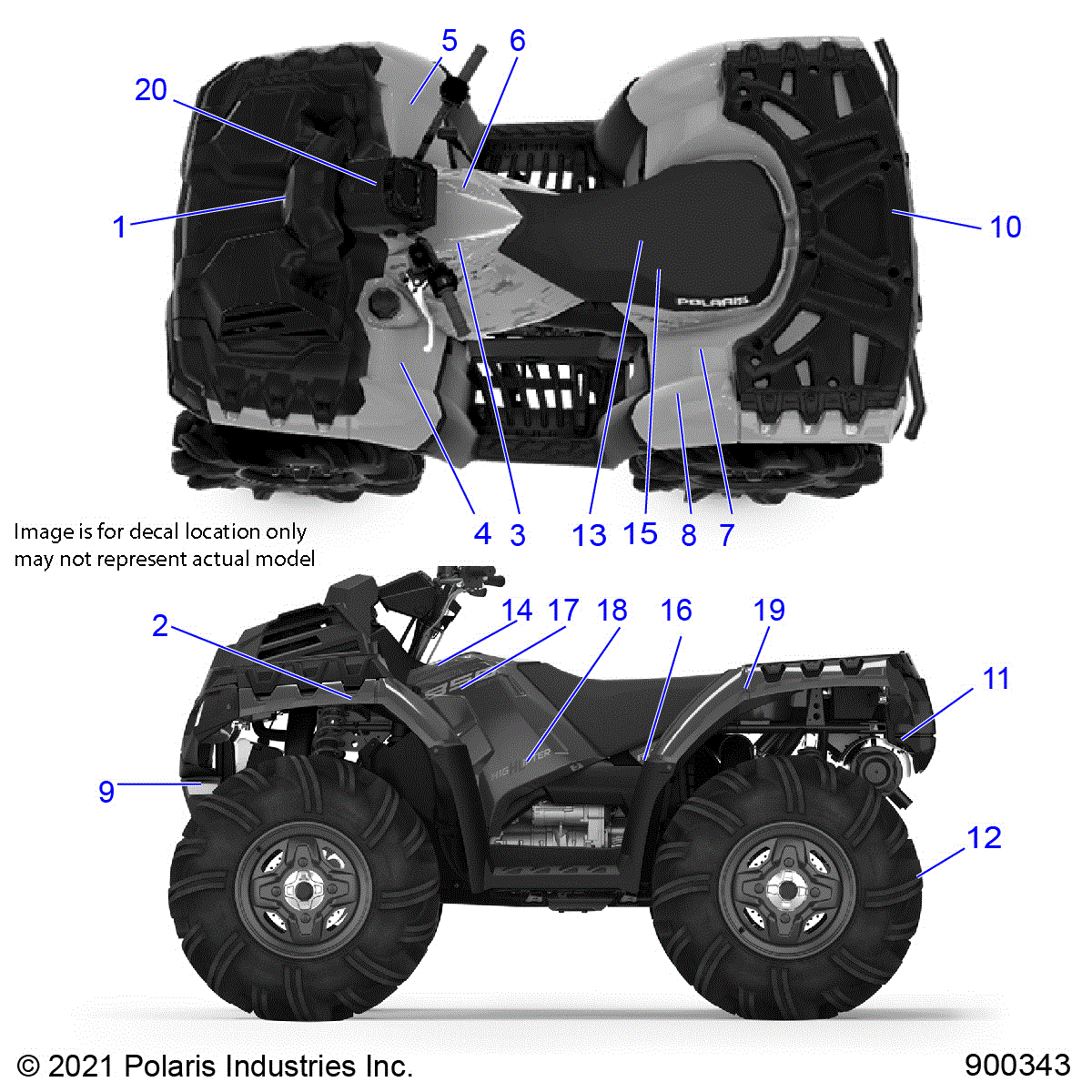 An Image of a Genuine Polaris Parts Schematic Diagram showing the schematic - BODY: DECALS - 2022 POLARIS SPORTSMAN XP 1000 HIGH LIFTER
