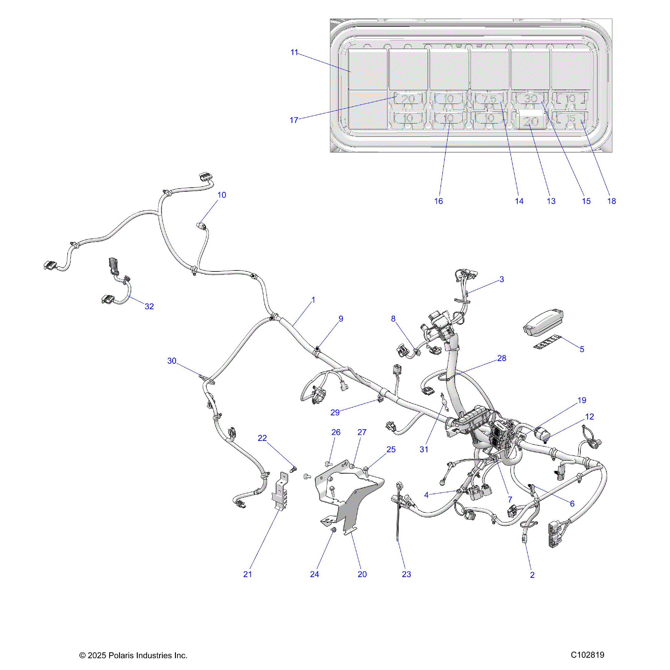 An Image of a Genuine Polaris Parts Schematic Diagram showing the schematic - ELECTRICAL: MAIN WIRE HARNESS - 2026 POLARIS SPORTSMAN 570 UTILITY 49S