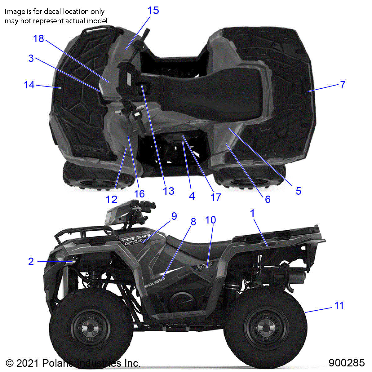 An Image of a Genuine Polaris Parts Schematic Diagram showing the schematic - BODY: DECALS - 2021 POLARIS SPORTSMAN 570 EPS