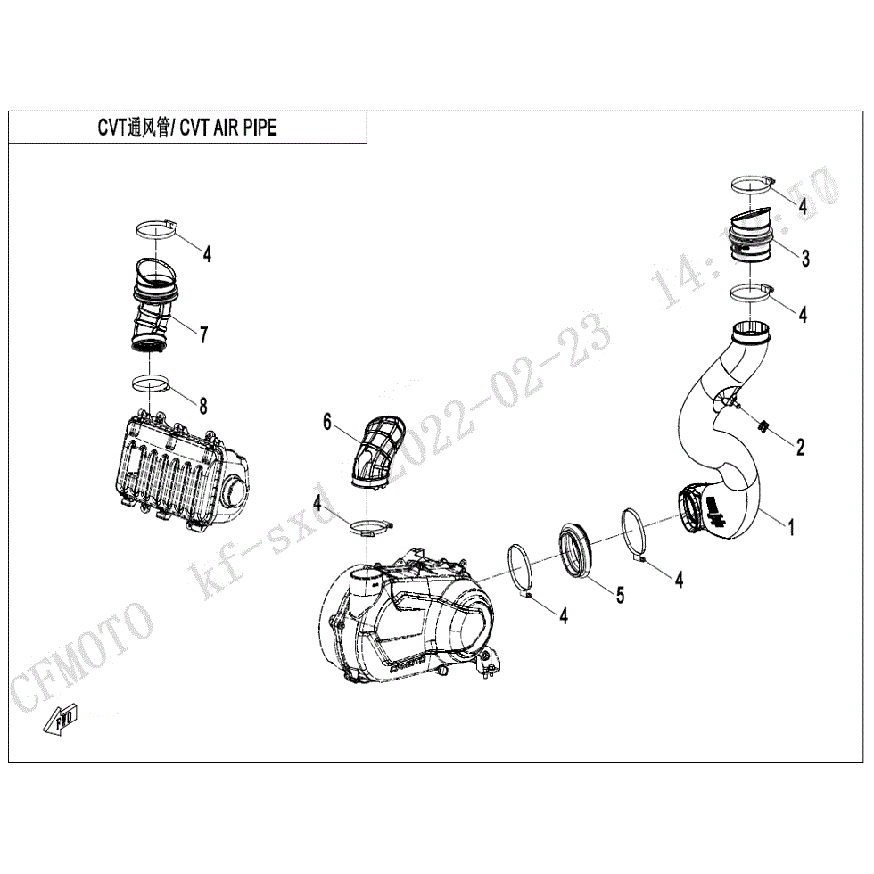 An Image of a Genuine CFMOTO Parts Schematic Diagram showing the schematic - CVT AIR PIPE - 2023 CFMOTO ZFORCE 800 Trail