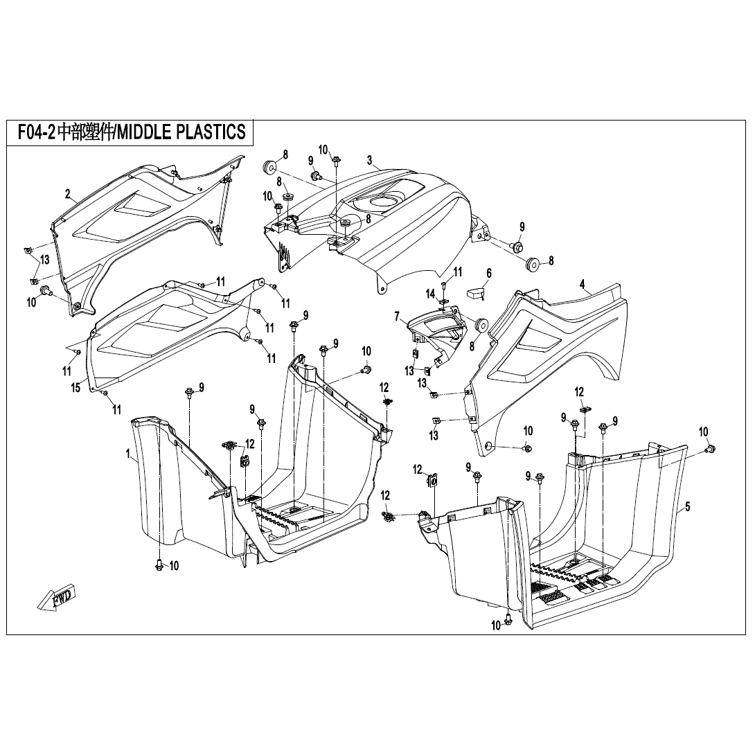 An Image of a genuine CFMOTO Parts Schematic Diagram showing the group - MIDDLE PLASTICS - 2020 CFMOTO CFORCE 500 S