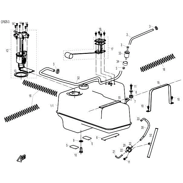 An Image of a Genuine CFMOTO Parts Schematic Diagram showing the schematic - FUEL TANK - 2015 CFMOTO ZFORCE 600