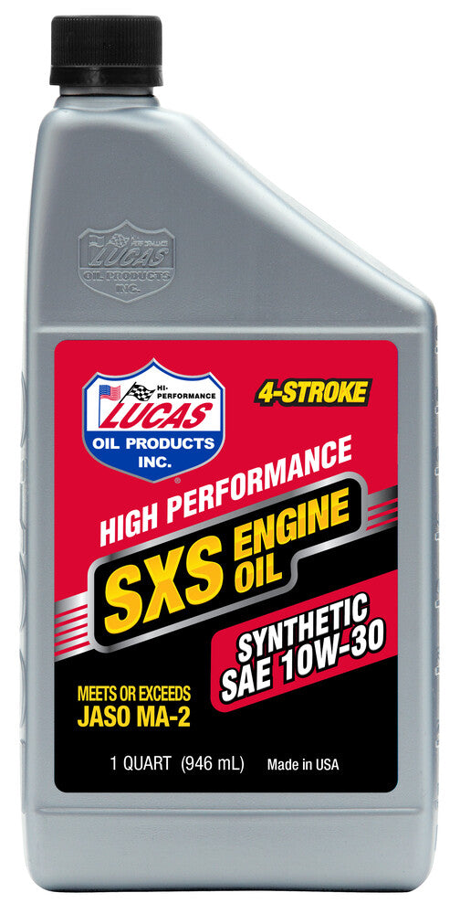 A gray 1-quart bottle of Lucas Oil SxS UTV/ATV Synthetic Engine Oil 10W30 features a red, black, and yellow label highlighting JASO MA-2 specs. Suitable for SXS and ATV 4-stroke engines. Made in the USA.