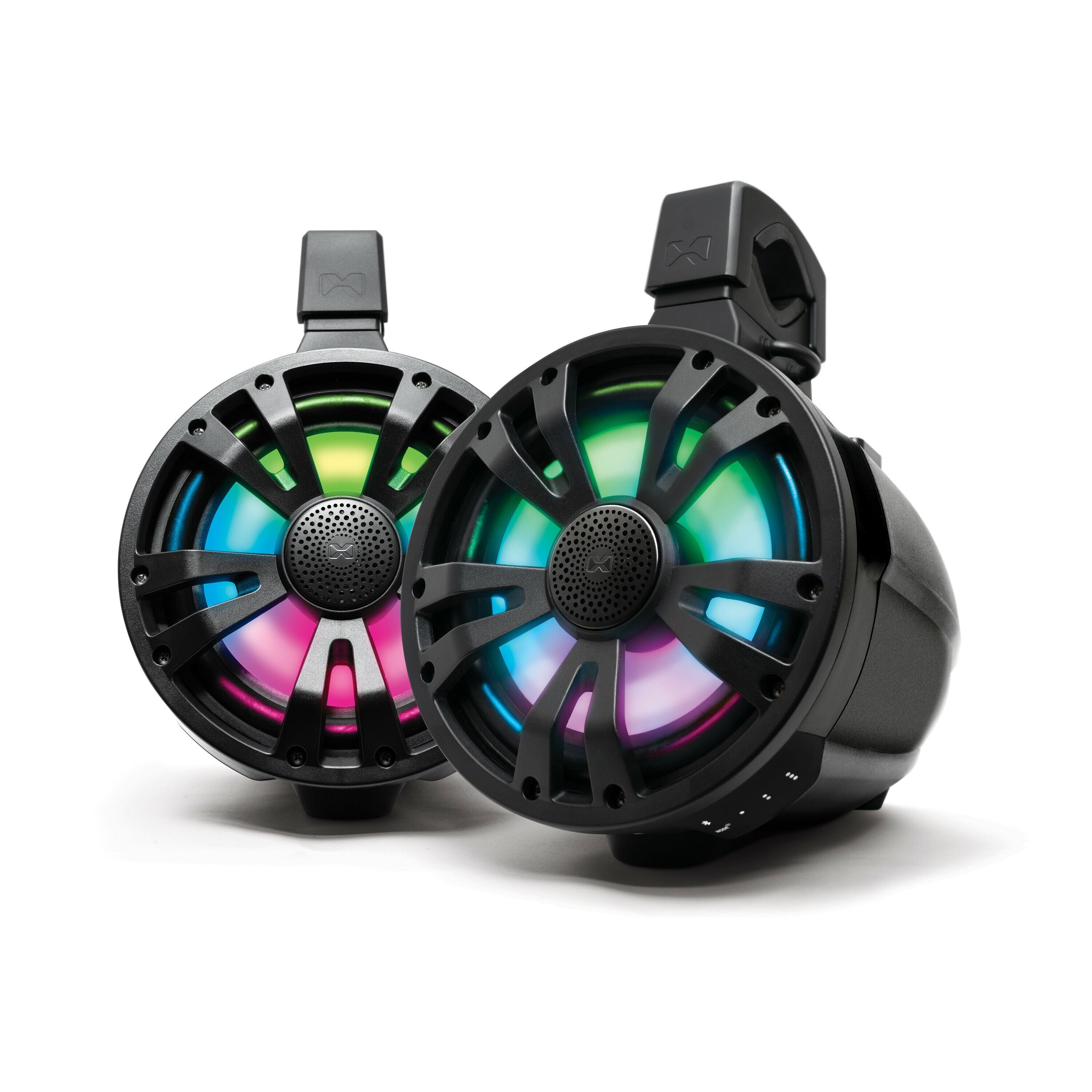 The Extreme Tower 2-Pack 8" Non-Amplified Speakers by EcoXGear features two black cylindrical marine tower speakers with open grills and vibrant RGB LED lights in green, blue, pink, and purple gradients. Mounting brackets are attached on top.