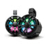 The Extreme Tower 2-Pack 8" Non-Amplified Speakers by EcoXGear features two black cylindrical marine tower speakers with open grills and vibrant RGB LED lights in green, blue, pink, and purple gradients. Mounting brackets are attached on top.