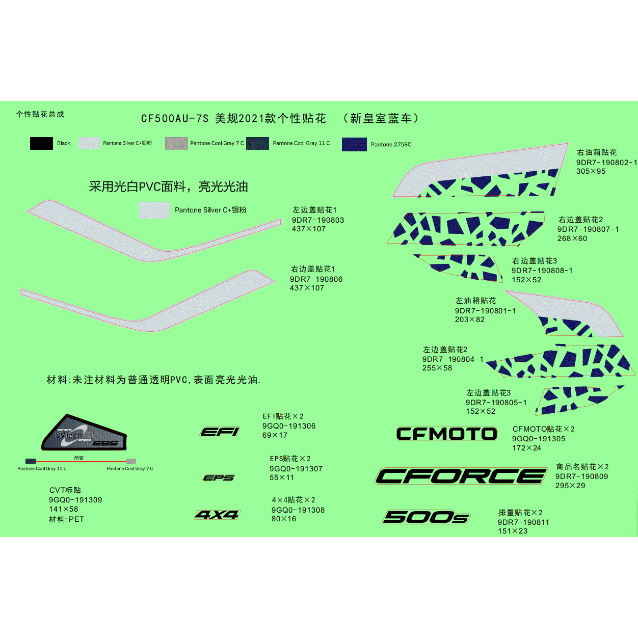 An Image of a genuine CFMOTO Parts Schematic Diagram showing the group - DECAL (FOR 2021 USA ROYAL BLUE VEHICLE) - 2021 CFMOTO CFORCE 500 S
