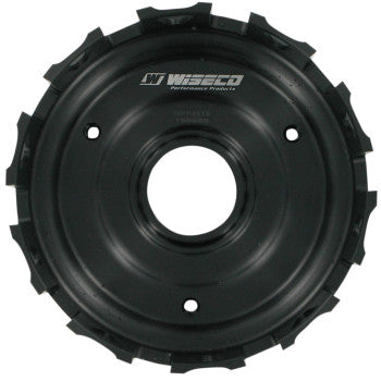 Black round metal clutch basket with notched outer edge and central mounting hole, Wiseco logo printed on surface.