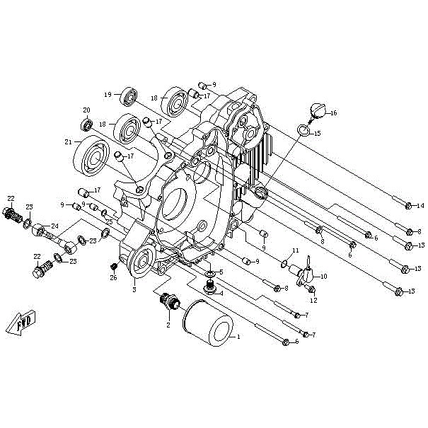 An Image of a genuine CFMOTO Parts Schematic Diagram showing the group - LEFT CRANKCASE - 2015 CFMOTO CFORCE 500 SWB