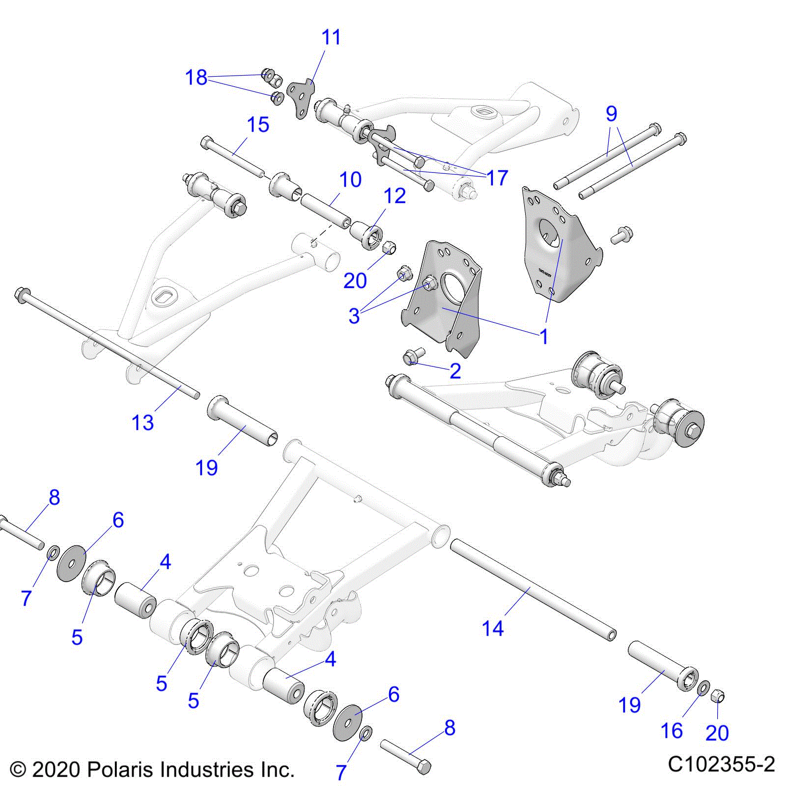 An Image of a Genuine Polaris Parts Schematic Diagram showing the schematic - SUSPENSION: MIDDLE CONTROL ARM MOUNTING - 2023 POLARIS SPORTSMAN 570 6X6