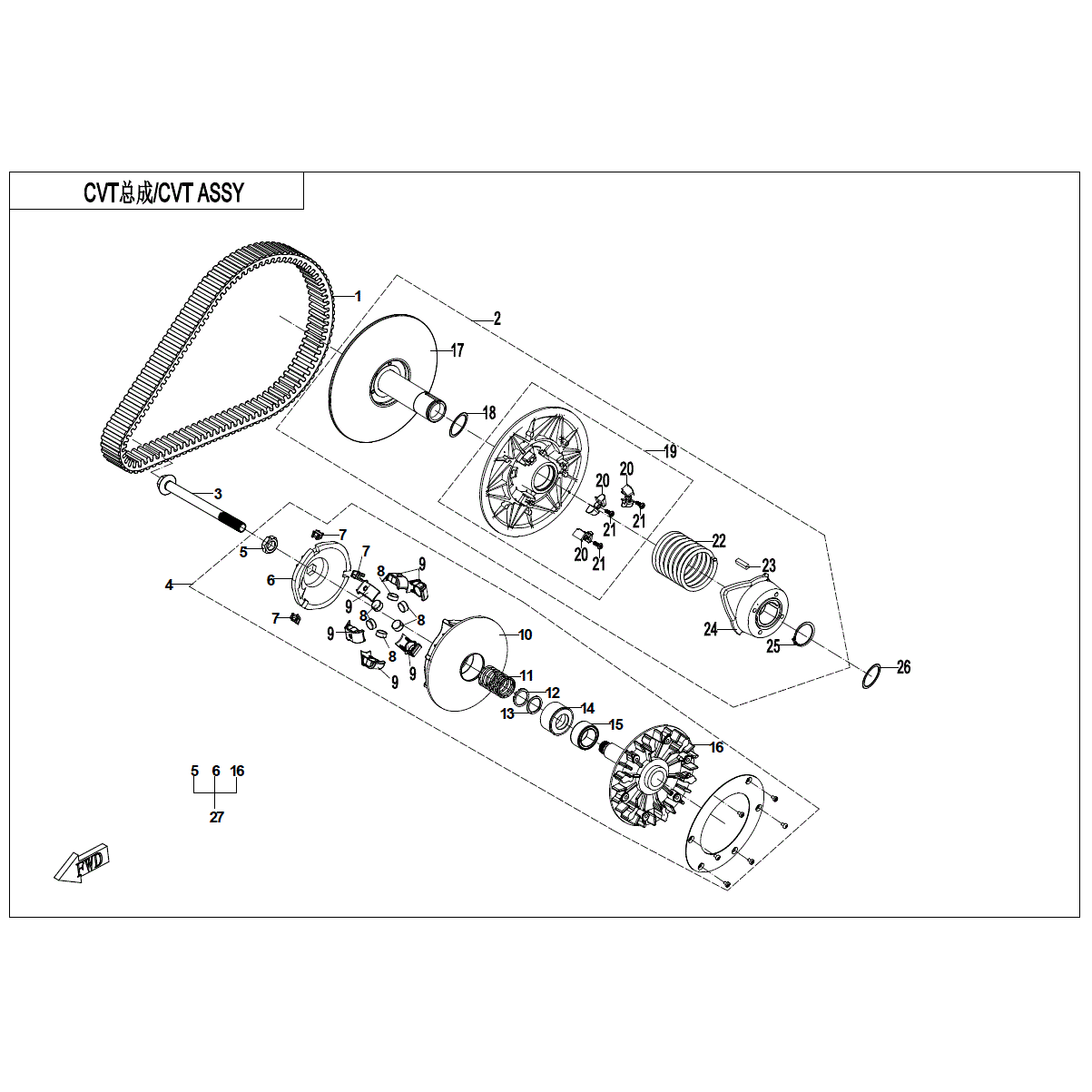 An Image of a Genuine CFMOTO Parts Schematic Diagram showing the schematic - CVT ASSY. - 2023 CFMOTO ZFORCE 950 HO EX