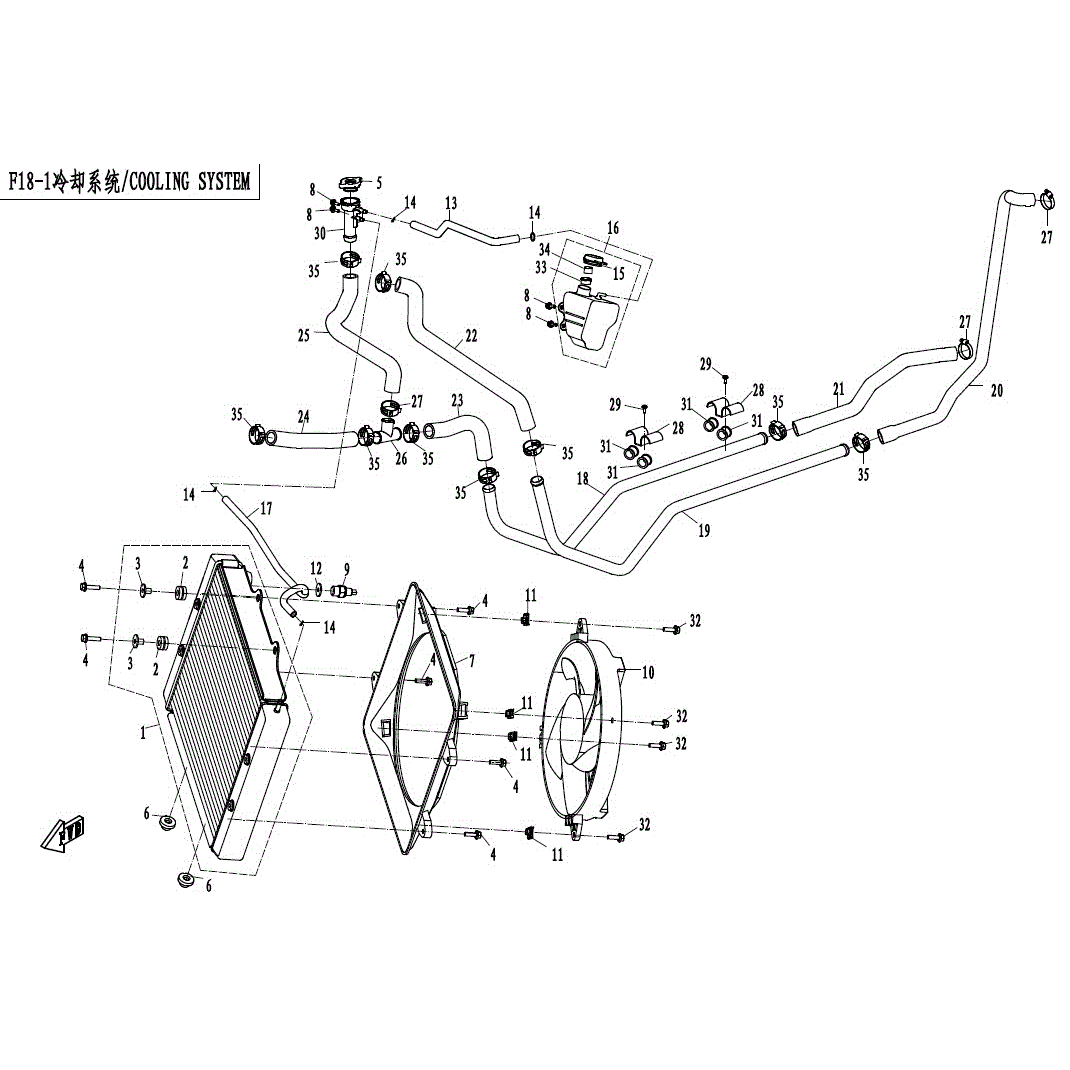 An Image of a Genuine CFMOTO Parts Schematic Diagram showing the schematic - COOLING SYSTEM - 2017 CFMOTO ZFORCE 800 Trail