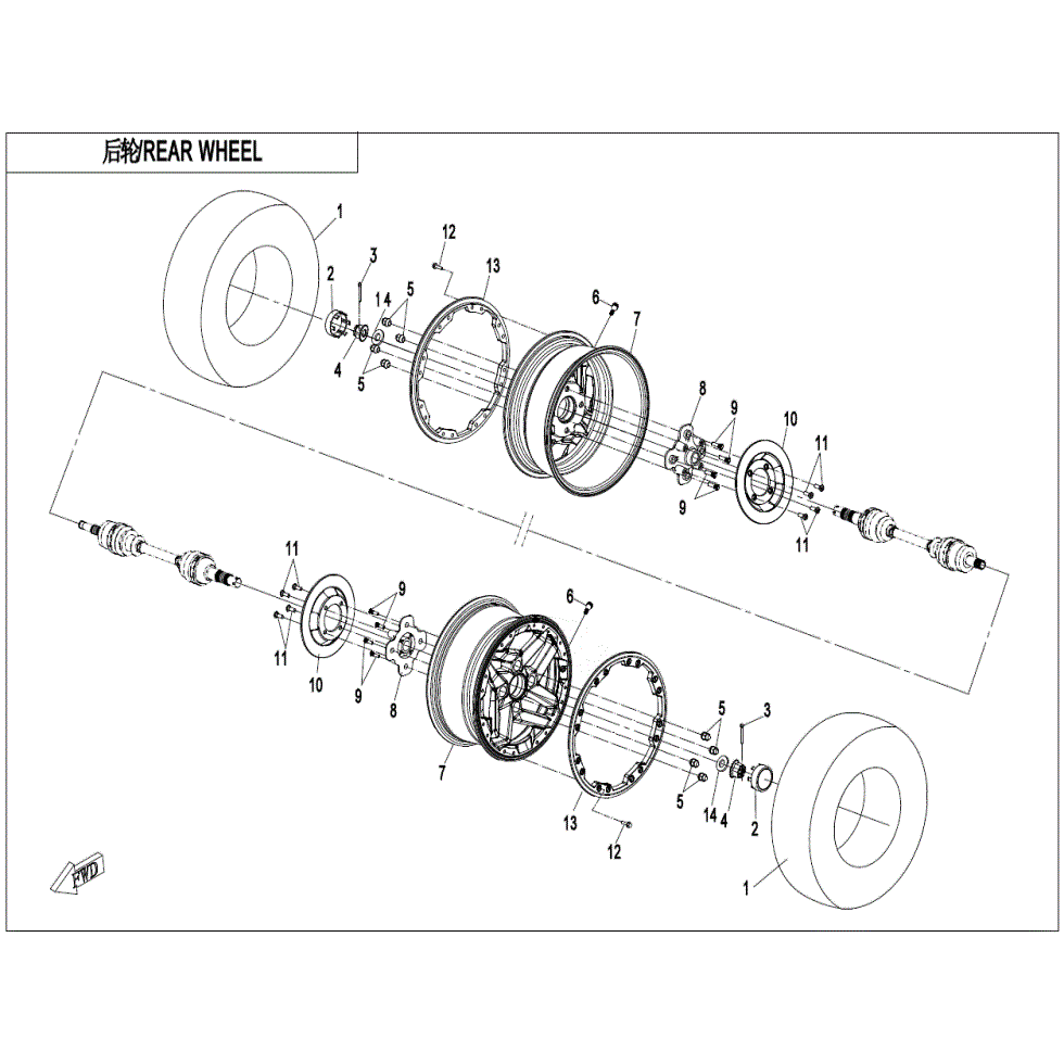 An Image of a Genuine CFMOTO Parts Schematic Diagram showing the schematic - REAR WHEEL - 2022 CFMOTO ZFORCE 950 HO Sport