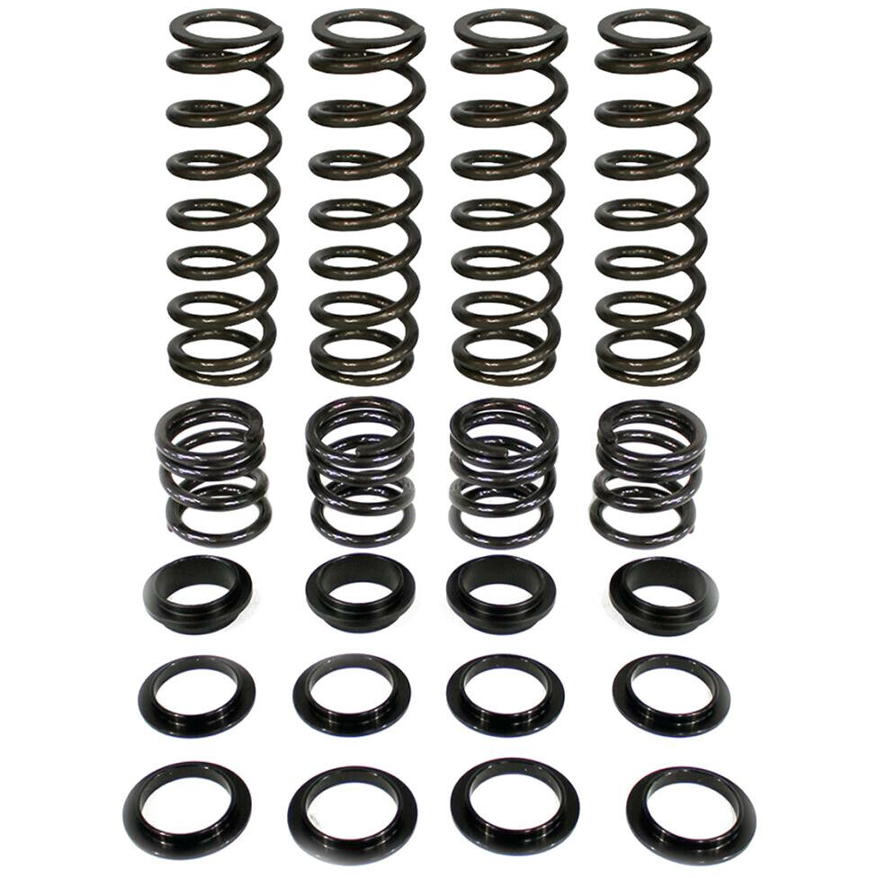 The Polaris Dual Rate Spring Kit by ZBroz includes eight black metal coil springs, eight smaller springs, and sixteen circular black washers—perfect for enhanced ride height and increased bottoming resistance.