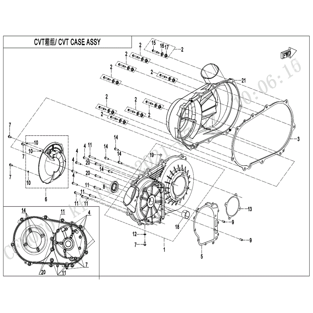 An Image of a Genuine CFMOTO Parts Schematic Diagram showing the schematic - CVT CASE ASSY. - 2021 CFMOTO UFORCE 600